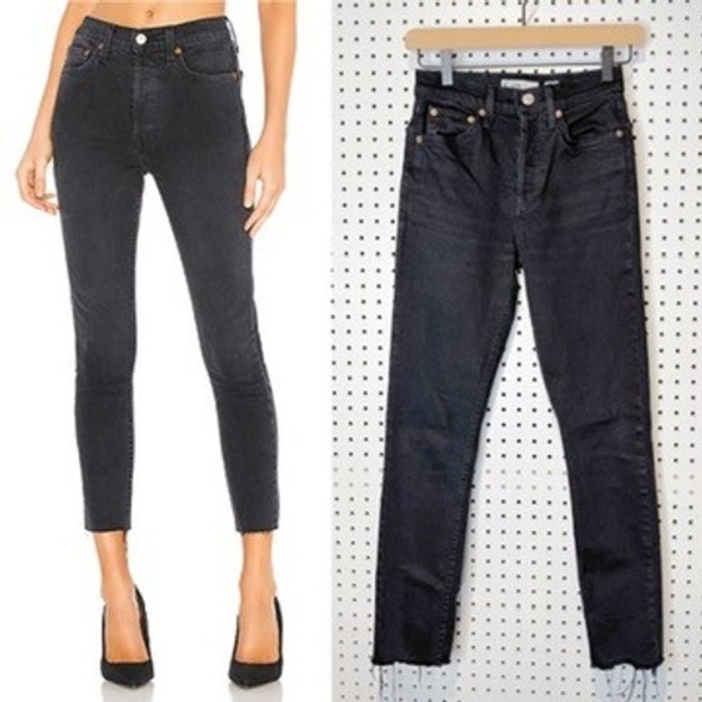 RE/DONE | Originals High Rise Ankle Crop Black Denim Jeans Raw Hem Size 23
